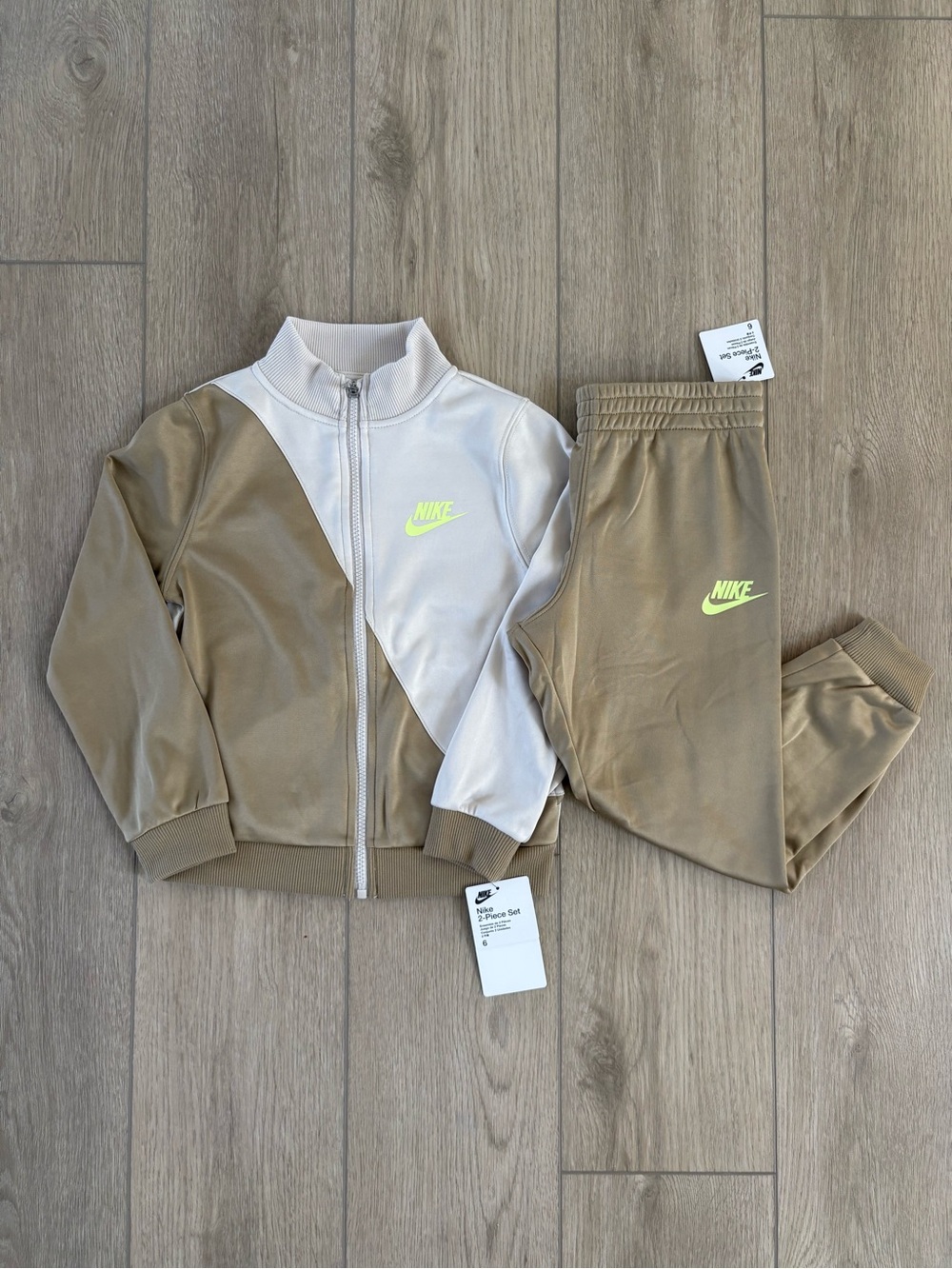 Boys Nike Two-Tone Track Jacket & Pants - White, Taupe & Neon Yellow Logo Size 6